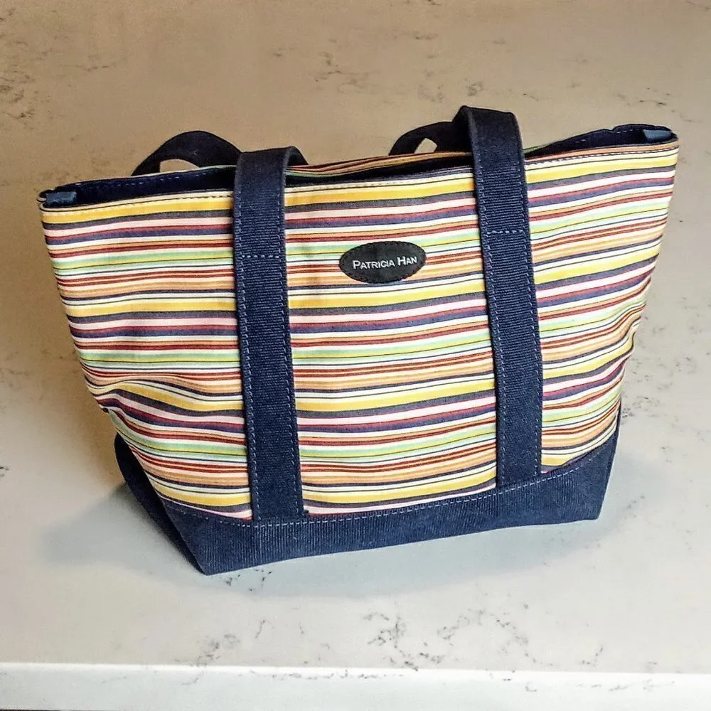 Patricia Han Navy Blue Canvas Striped Tote Bag
